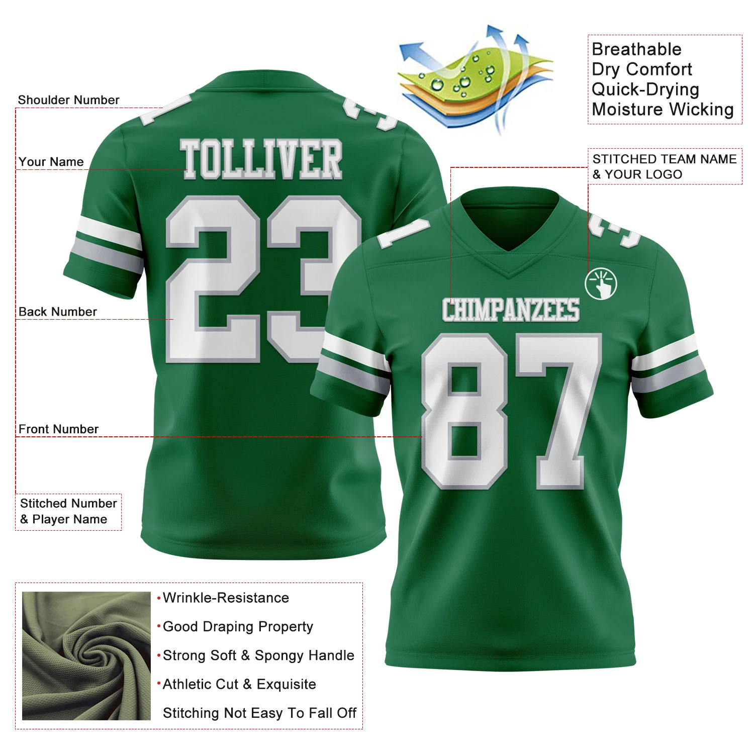 Custom Kelly Green White-Gray Authentic Football Jersey - Image 3