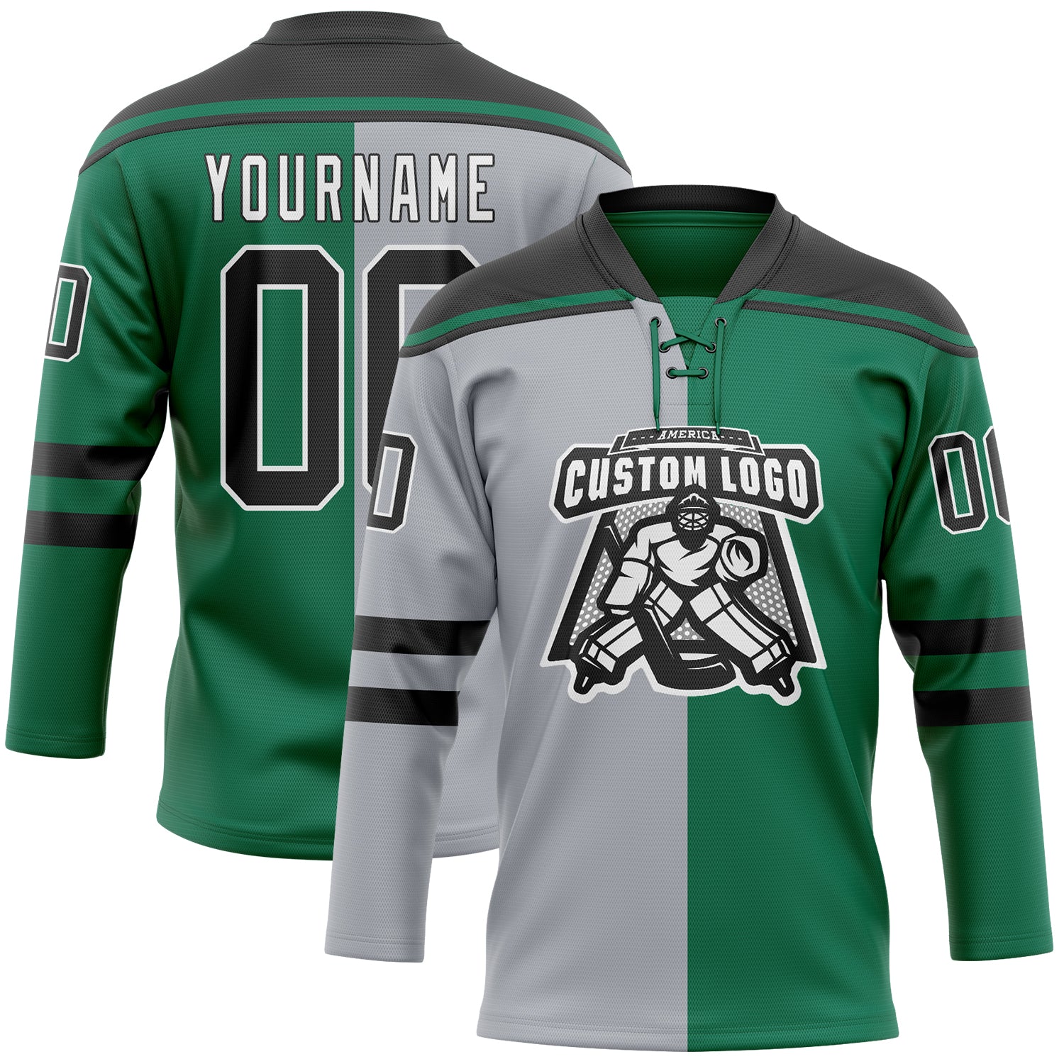Custom Kelly Green Black Gray-White Split Fashion Hockey Lace Neck Jersey - Image 2