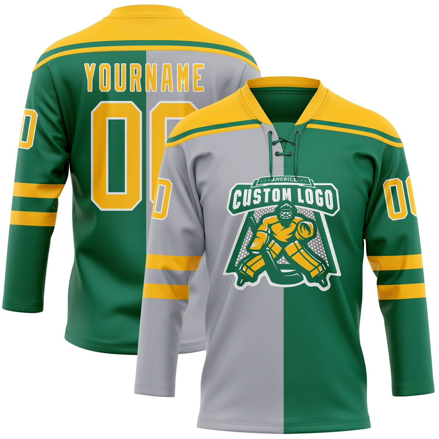 Custom Kelly Green Gold Gray-White Split Fashion Hockey Lace Neck Jersey - Image 2