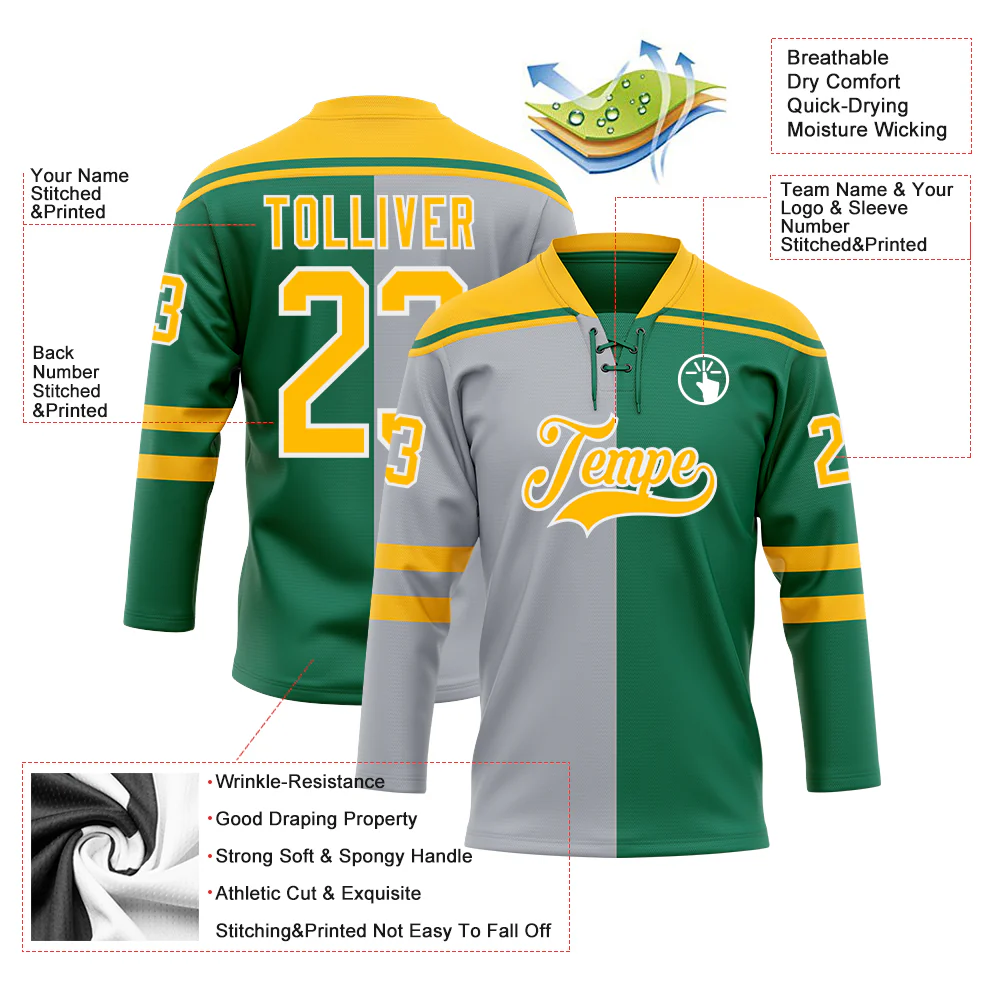 Custom Kelly Green Gold Gray-White Split Fashion Hockey Lace Neck Jersey - Image 5