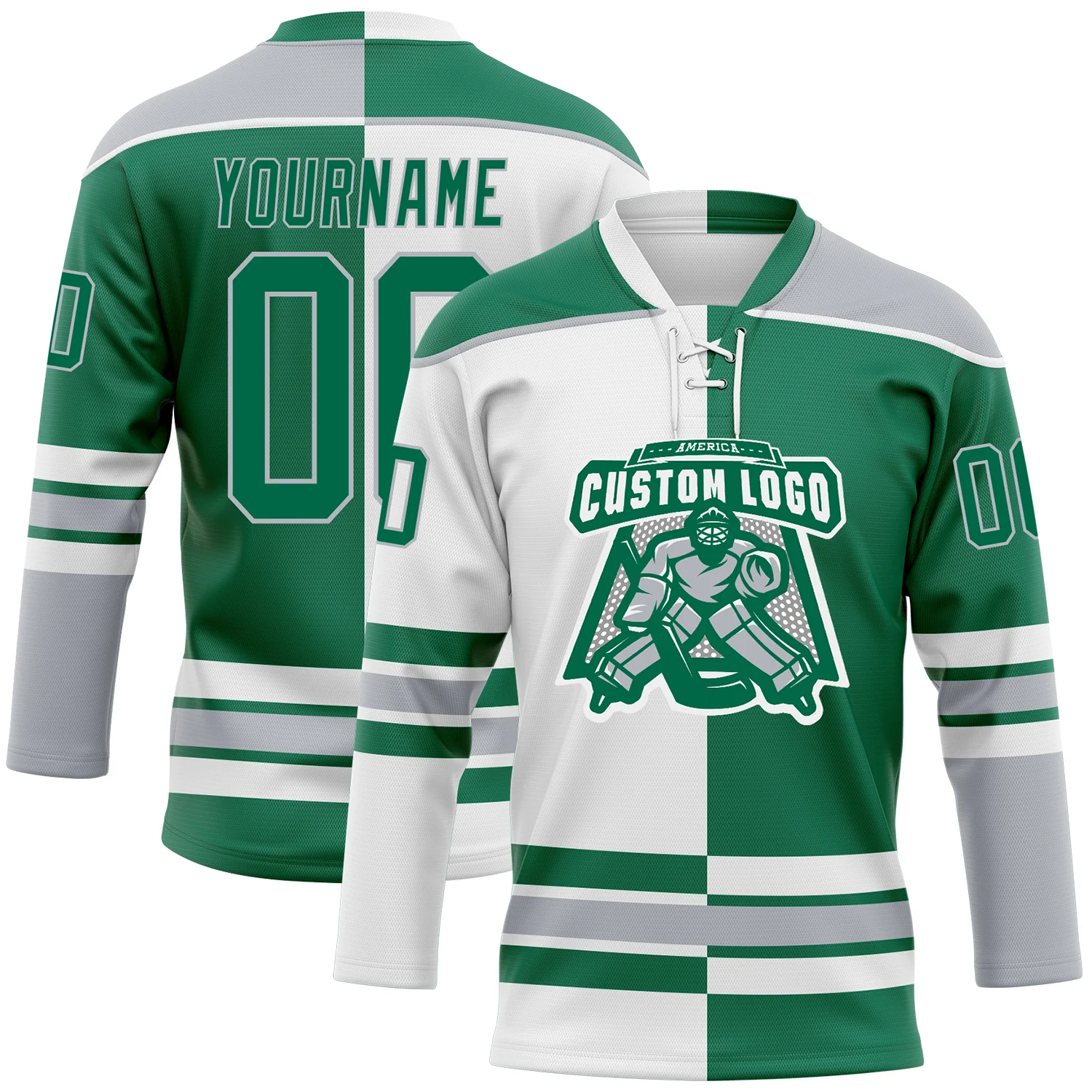 Custom Kelly Green Gray-White Split Fashion Hockey Lace Neck Jersey - Image 2