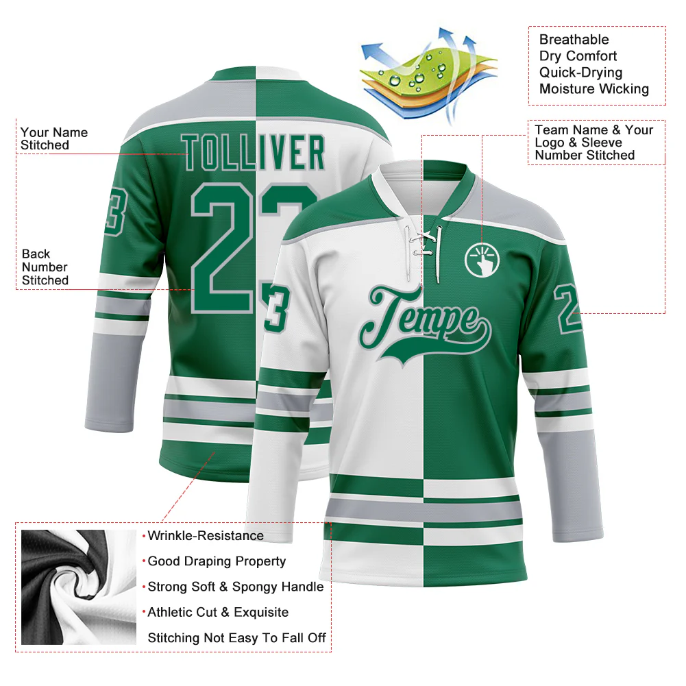 Custom Kelly Green Gray-White Split Fashion Hockey Lace Neck Jersey - Image 3