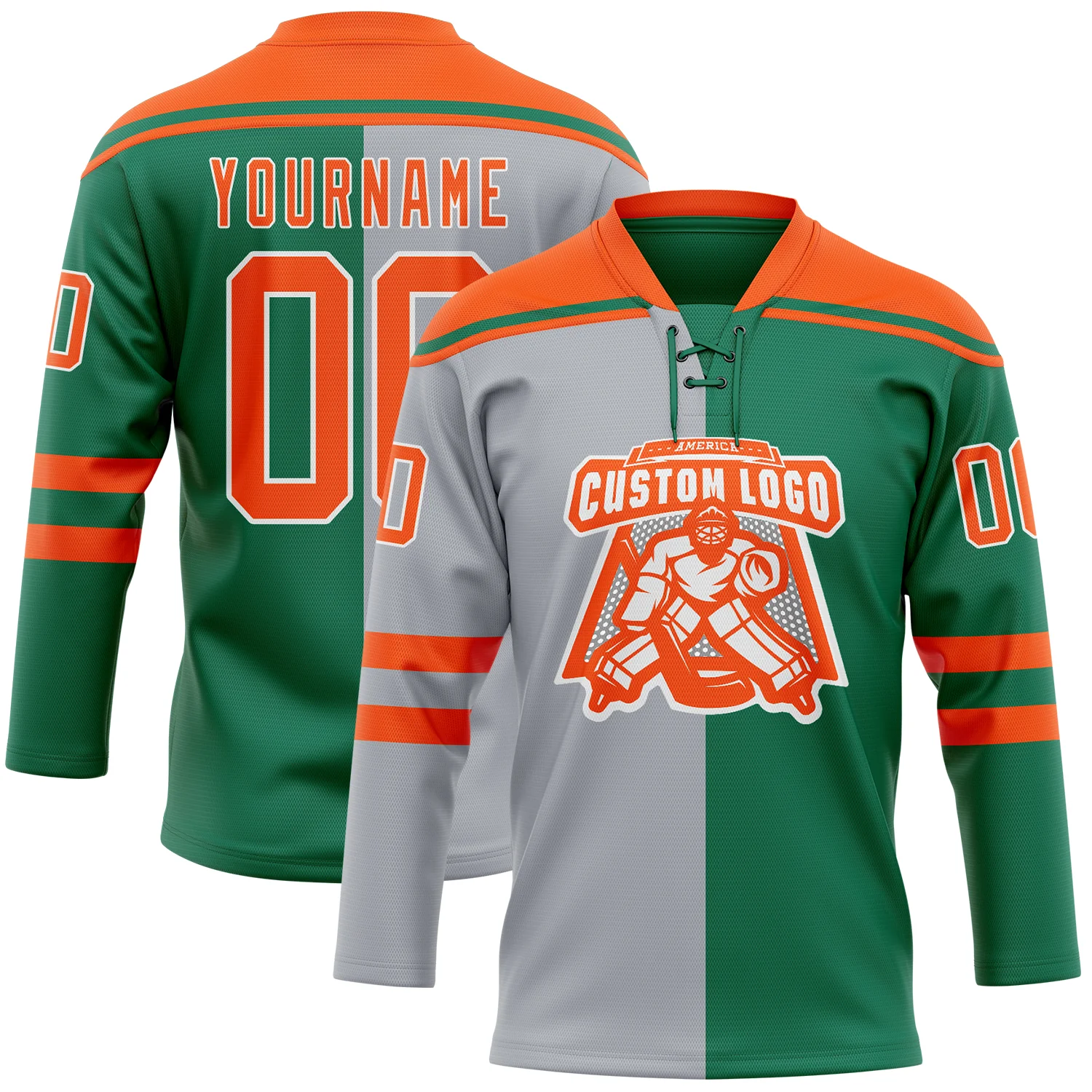 Custom Kelly Green Orange Gray-White Split Fashion Hockey Lace Neck Jersey - Image 2
