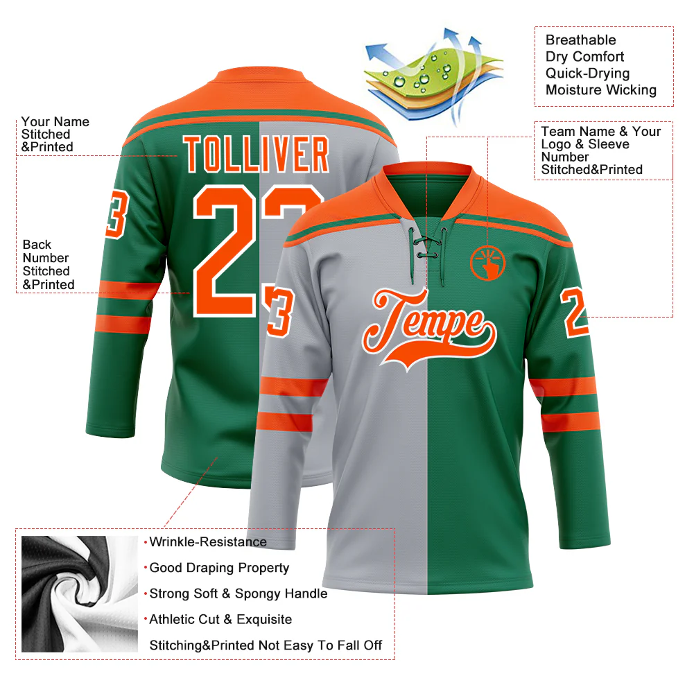 Custom Kelly Green Orange Gray-White Split Fashion Hockey Lace Neck Jersey - Image 5