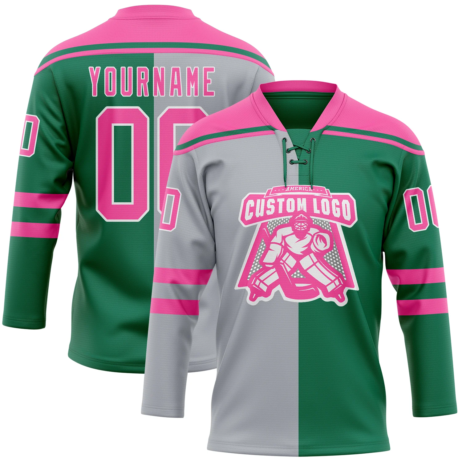 Custom Kelly Green Pink Gray-White Split Fashion Hockey Lace Neck Jersey - Image 2