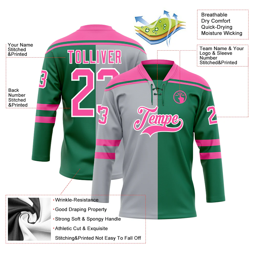 Custom Kelly Green Pink Gray-White Split Fashion Hockey Lace Neck Jersey - Image 5