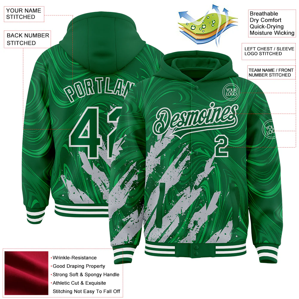 Custom Kelly Green Gray-White Splash Bomber Full-Snap Varsity Letterman Hoodie Jacket - Image 4