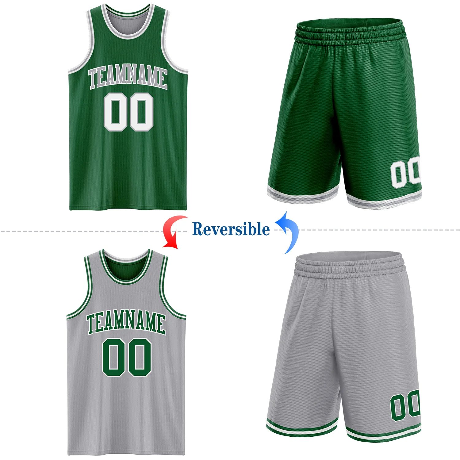 Custom Reversible Kelly Green White-Gray Double Side Sublimation Basketball Suit Jersey - Image 2