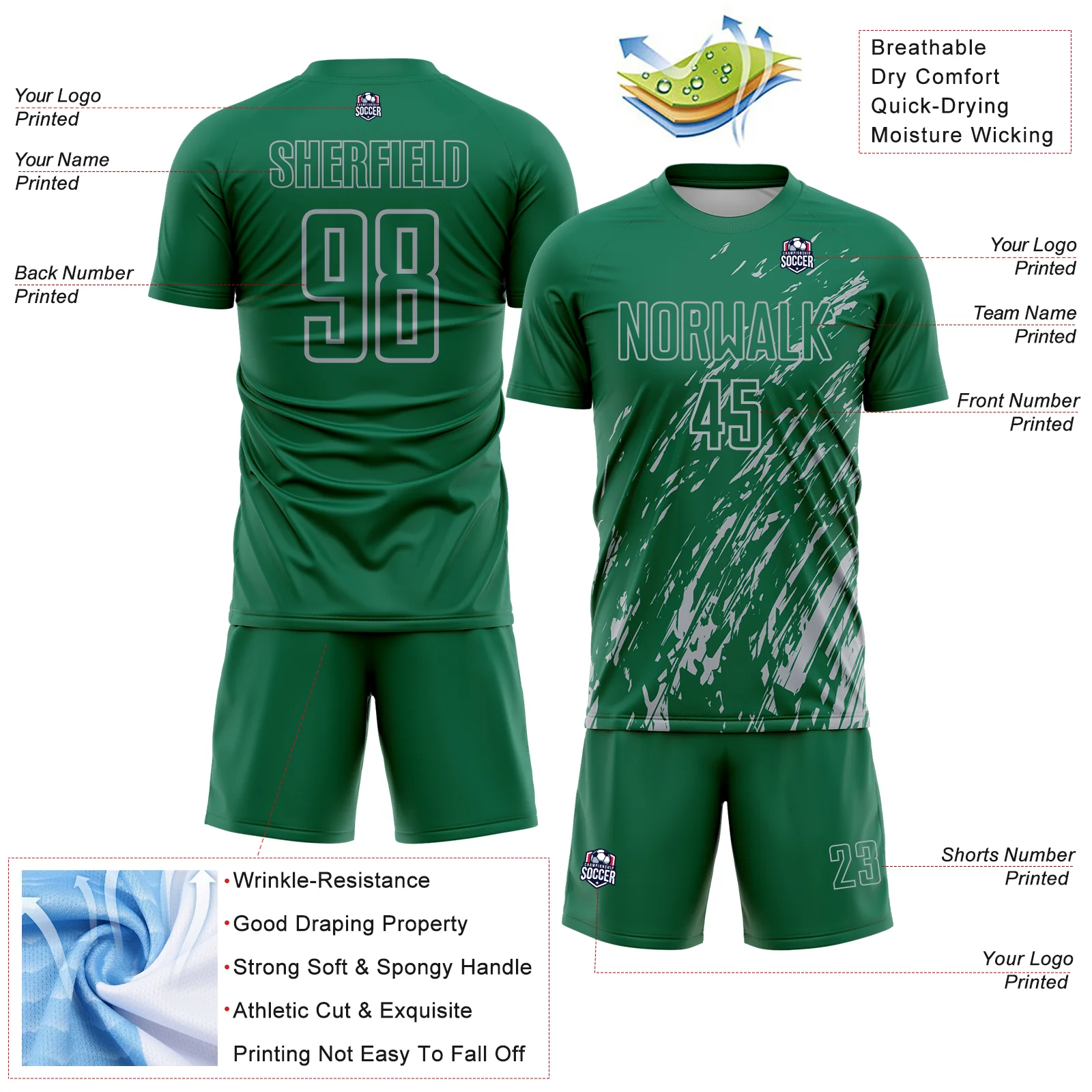 Custom Kelly Green Gray Splash Sublimation Soccer Uniform Jersey - Image 4