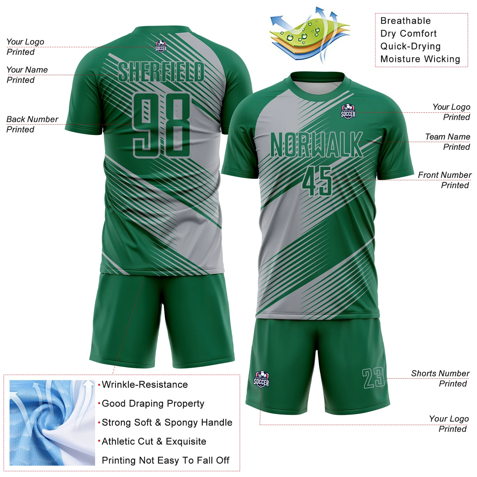 Custom Kelly Green Gray Line Sublimation Soccer Uniform Jersey - Image 4