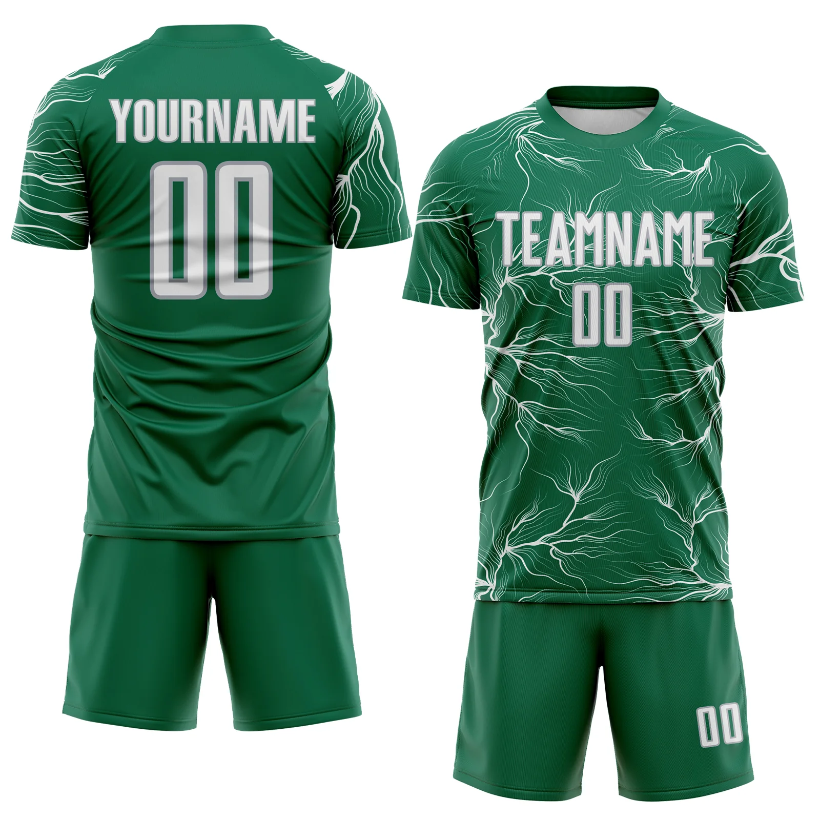 Custom Kelly Green White-Gray Lightning Electric Veins Sublimation Soccer Uniform Jersey - Image 2