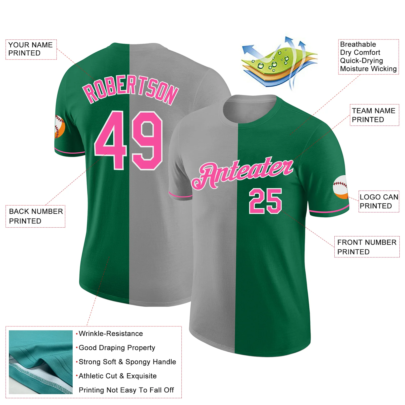 Custom Kelly Green Pink-Gray Split Fashion Performance T-Shirt - Image 2