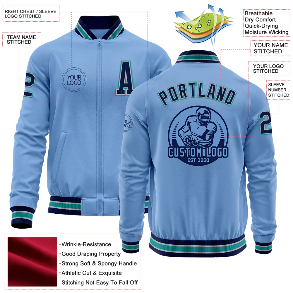 Custom Light Blue Navy Gray-Teal Bomber Varsity Letterman Zipper Jacket - Image 4