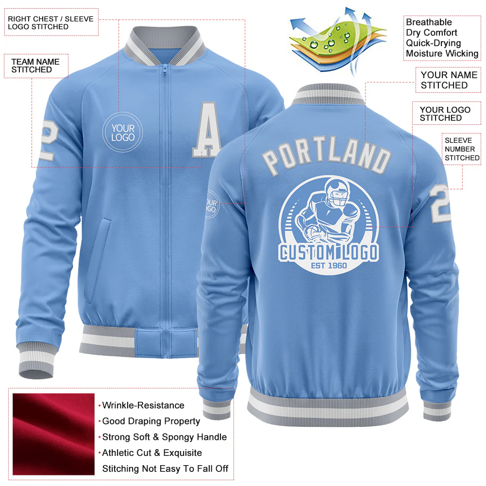 Custom Light Blue White-Gray Bomber Varsity Letterman Zipper Jacket - Image 4