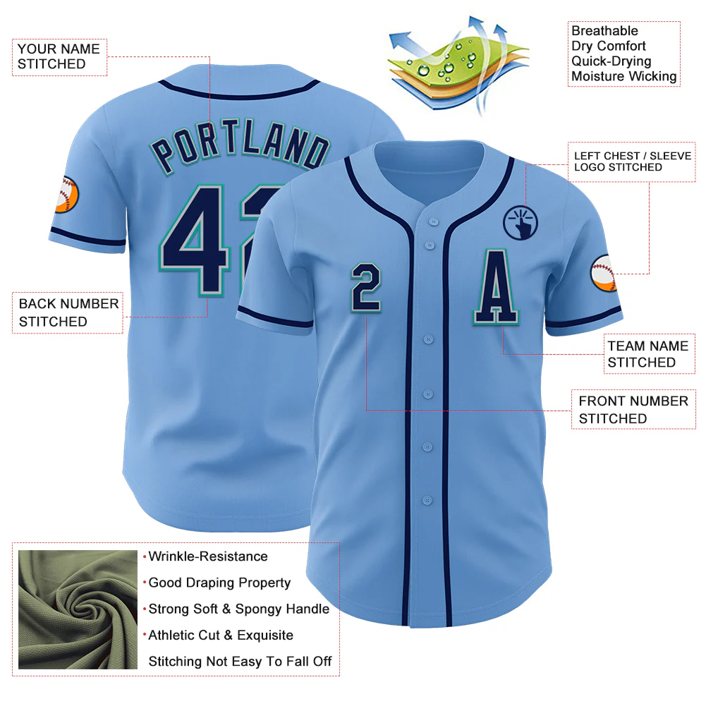 Custom Light Blue Navy Gray-Teal Authentic Baseball Jersey - Image 2