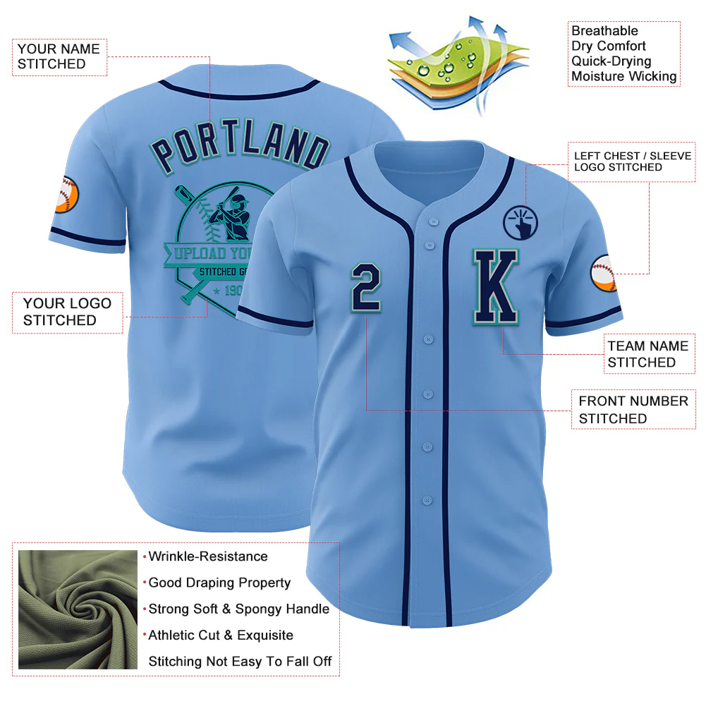 Custom Light Blue Navy Gray-Teal Authentic Baseball Jersey - Image 6