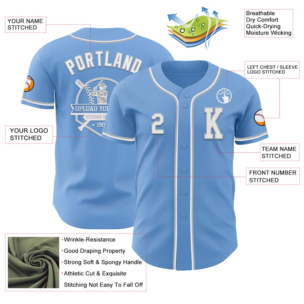 Custom Light Blue White-Gray Authentic Baseball Jersey - Image 6