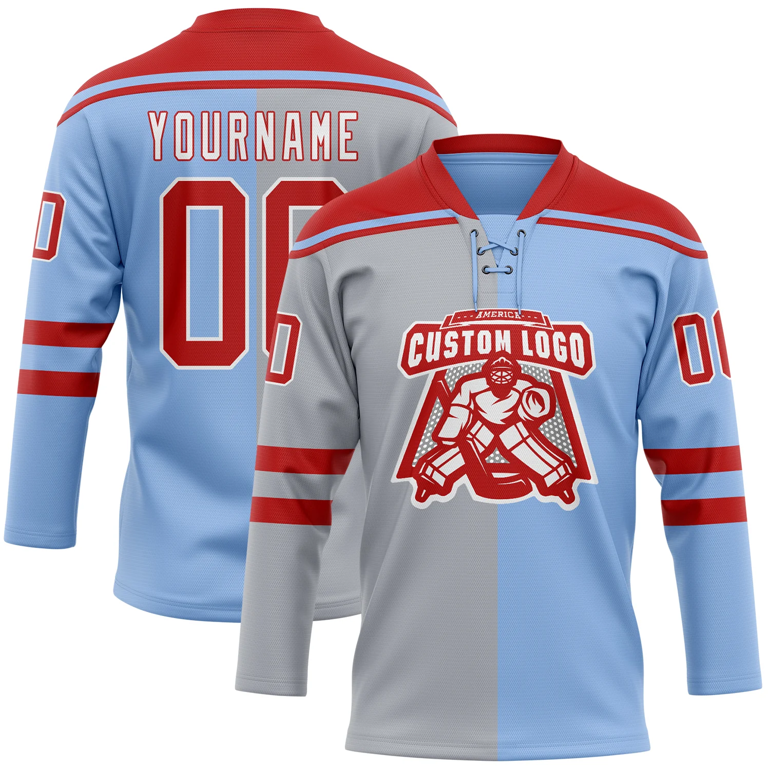 Custom Light Blue Red Gray-White Split Fashion Hockey Lace Neck Jersey - Image 2