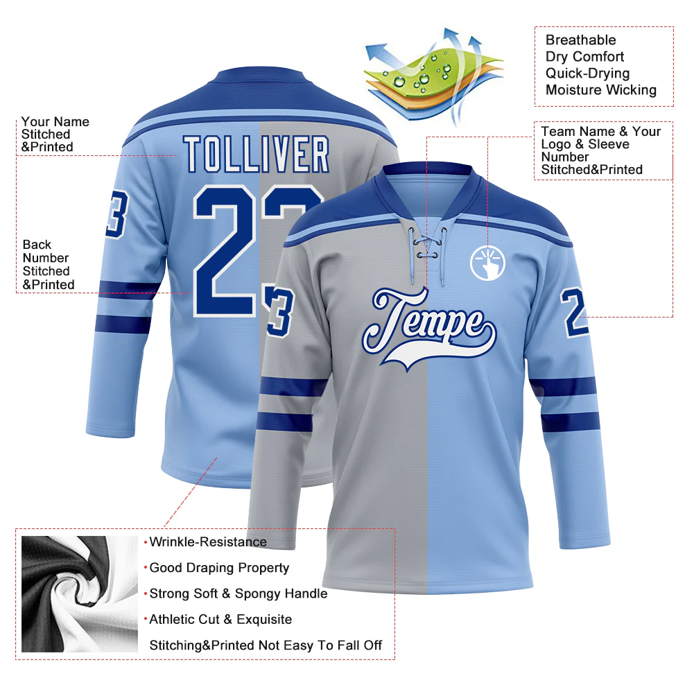 Custom Light Blue Royal Gray-White Split Fashion Hockey Lace Neck Jersey - Image 5