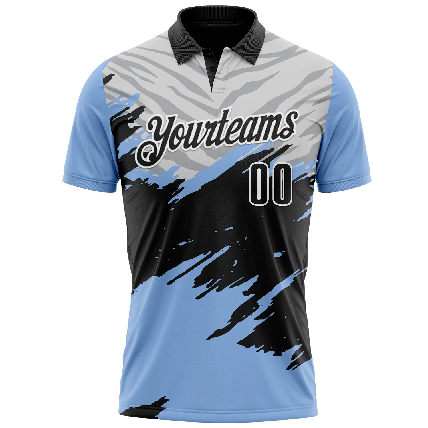 Custom Light Blue Black Gray-White 3D Pattern Design Splash Performance Polo Shirt - Image 2