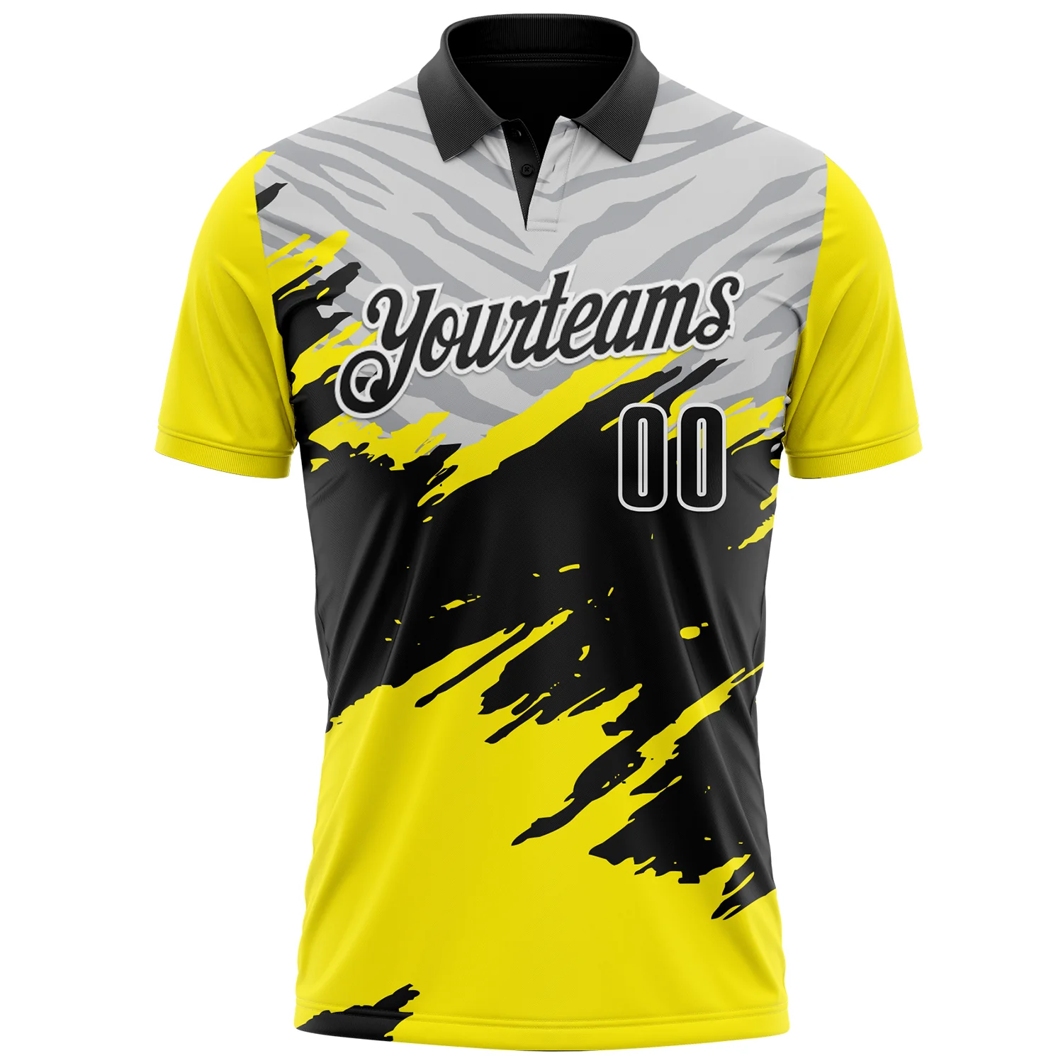 Custom Light Yellow Black Gray-White 3D Pattern Design Splash Performance Polo Shirt - Image 2