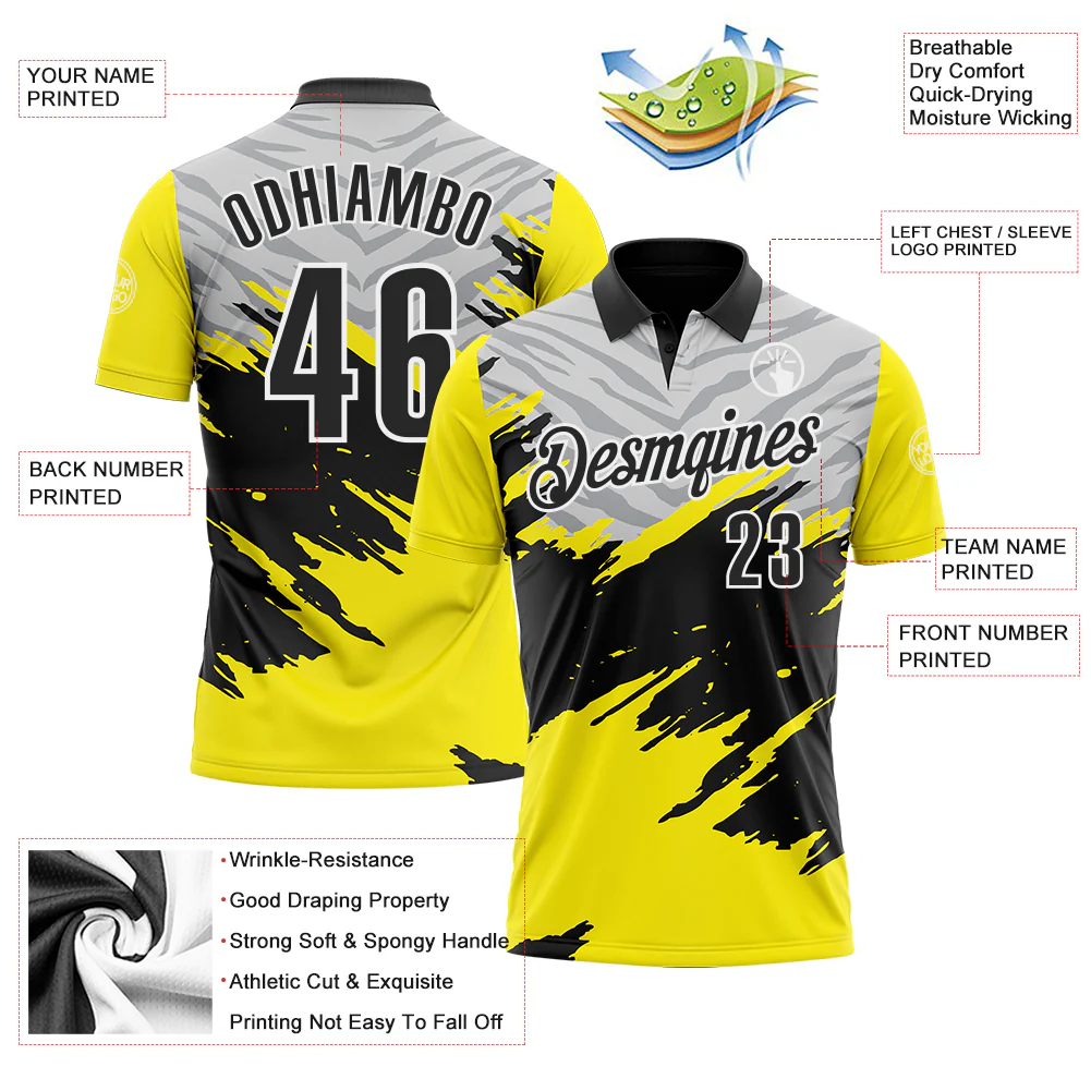 Custom Light Yellow Black Gray-White 3D Pattern Design Splash Performance Polo Shirt - Image 3