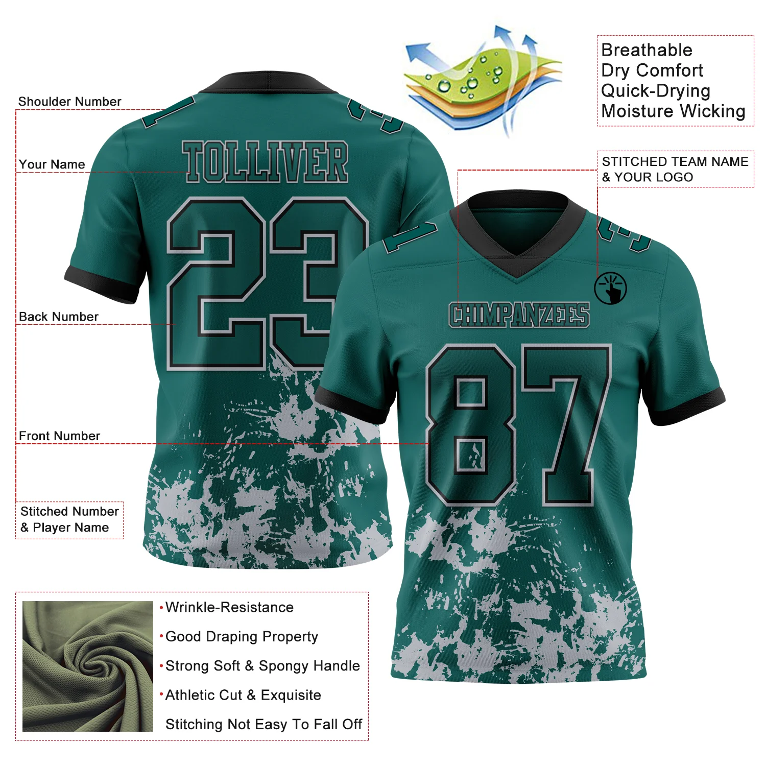 Custom Midnight Green Gray-Black 3D Pattern Splash Authentic Football Jersey - Image 3