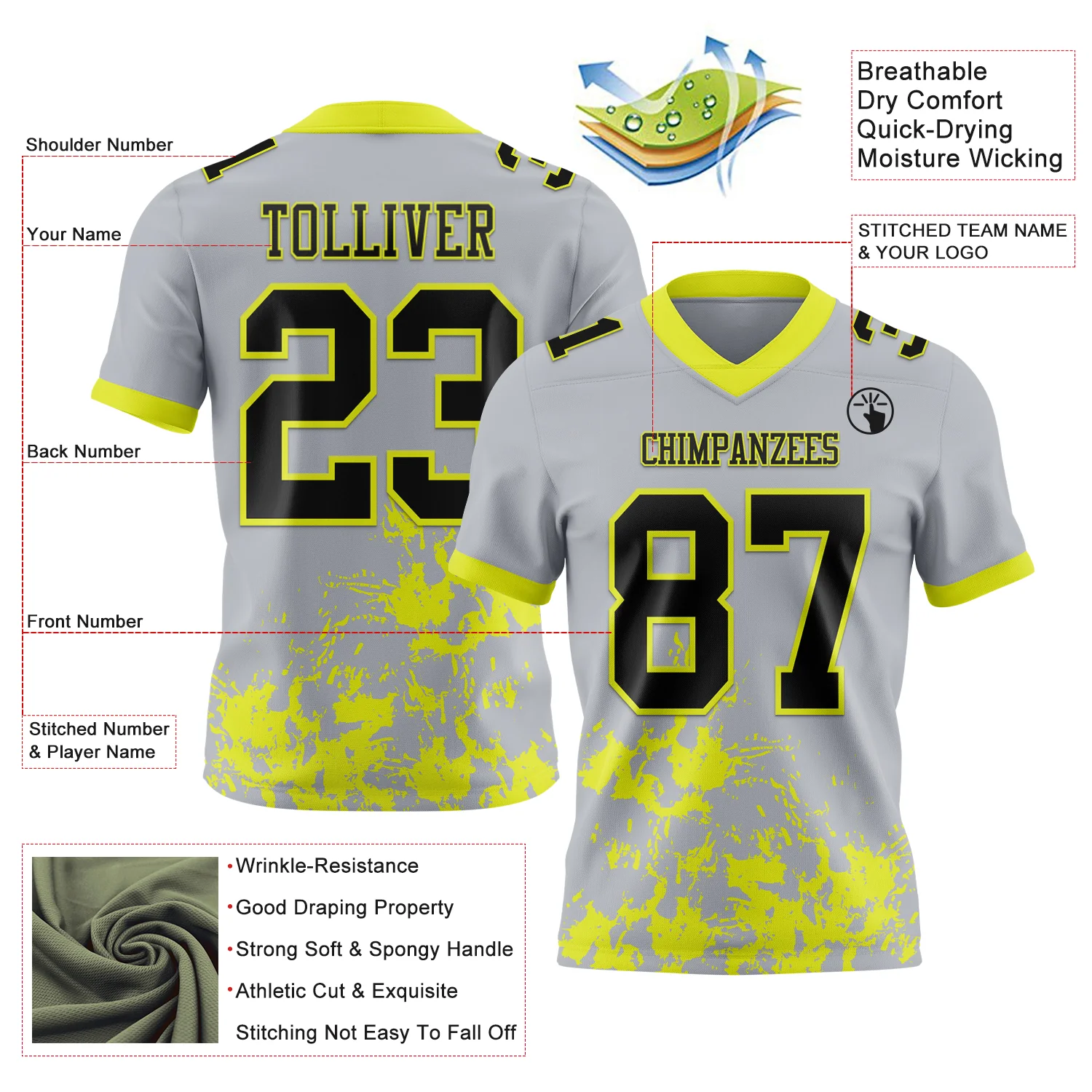 Custom Gray Black-Neon Yellow 3D Pattern Splash Authentic Football Jersey - Image 3