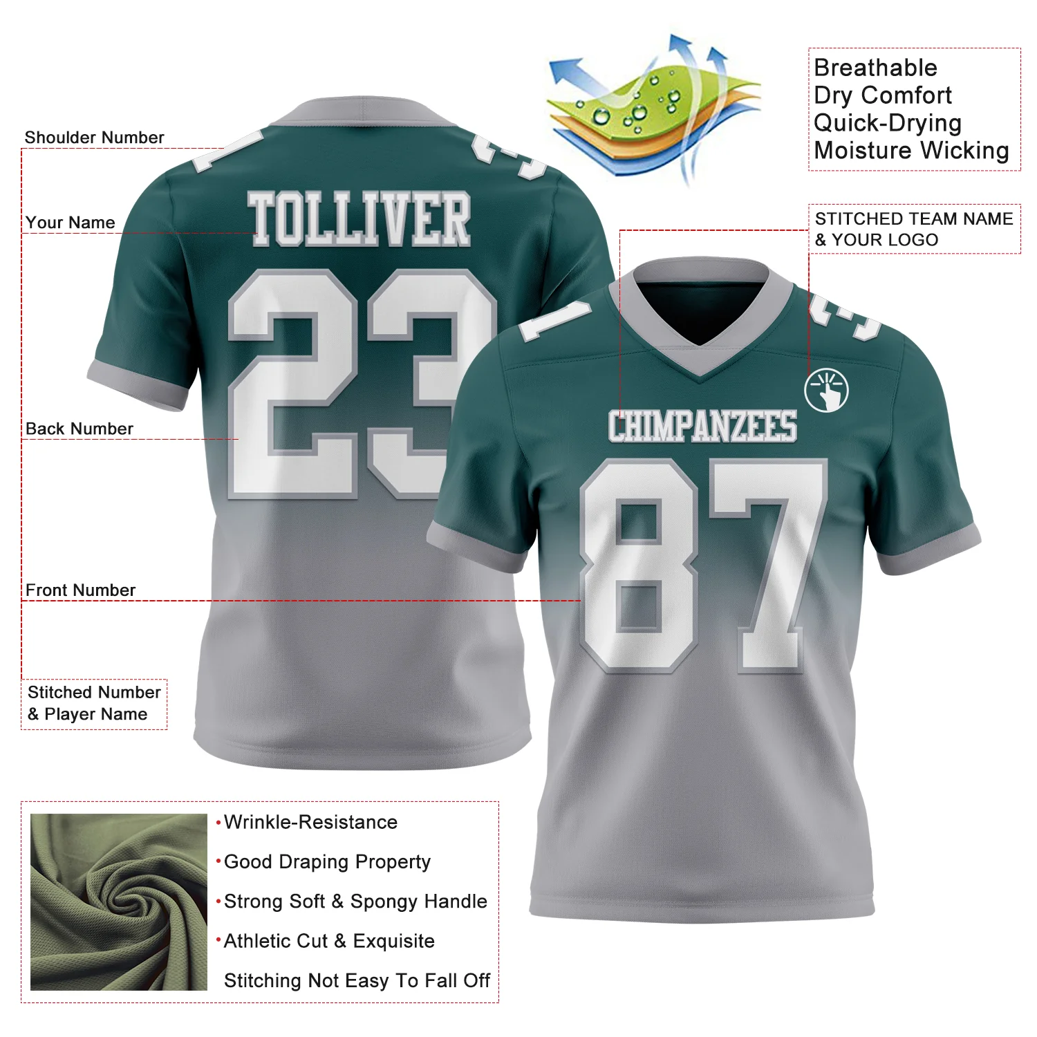 Custom Midnight Green White-Gray Authentic Fade Fashion Football Jersey - Image 2