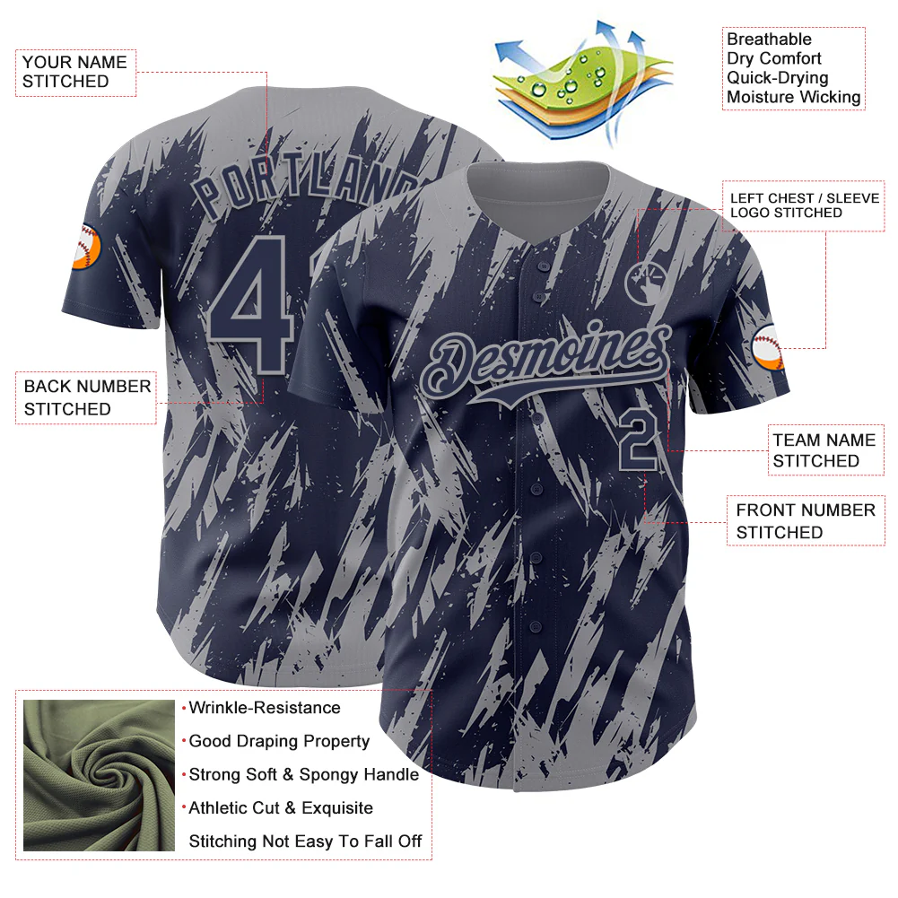 Custom Navy Gray Splatter Torn Sharp Brush Stroke Authentic Baseball Jersey - Image 3