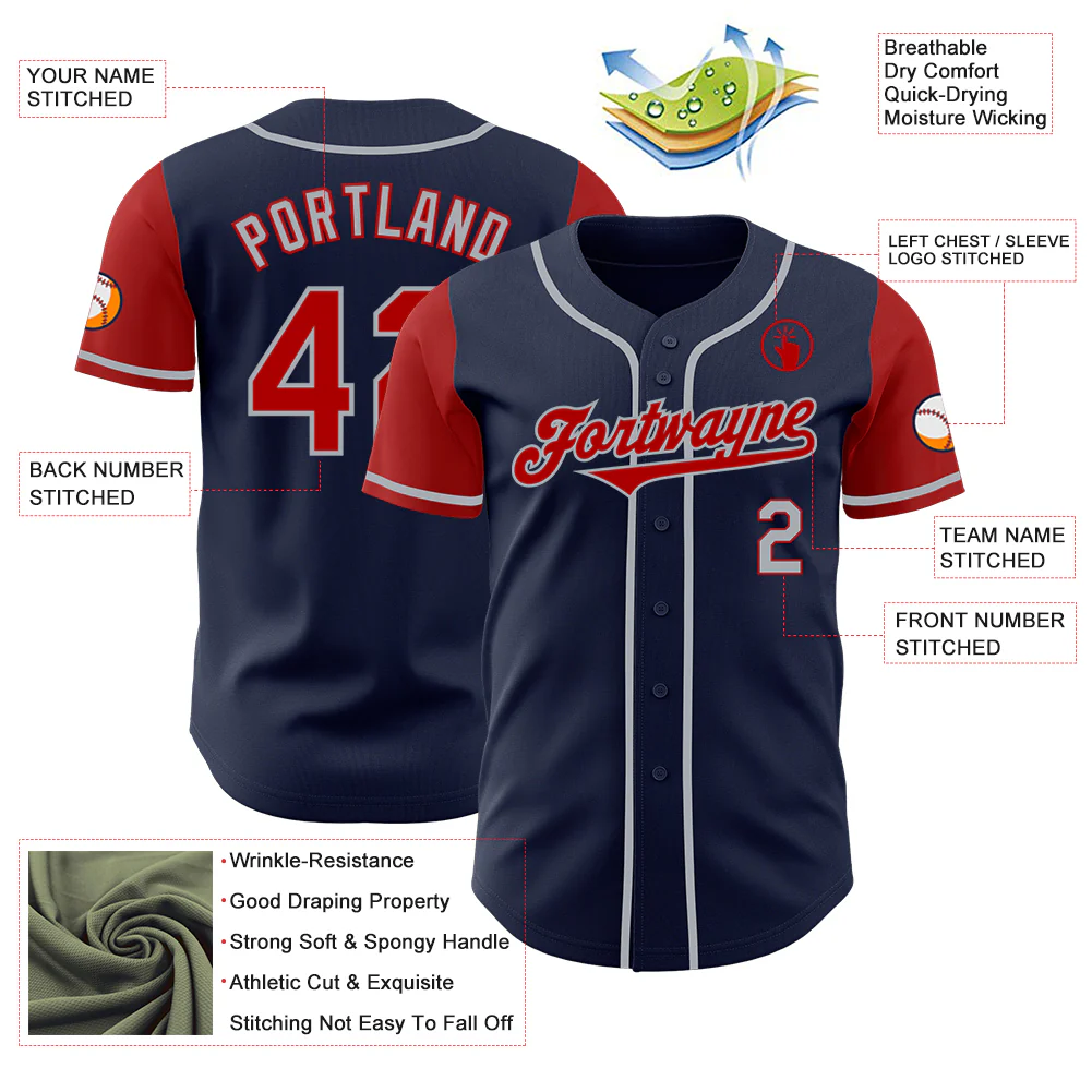 Custom Navy Red-Gray Authentic Two Tone Baseball Jersey - Image 3