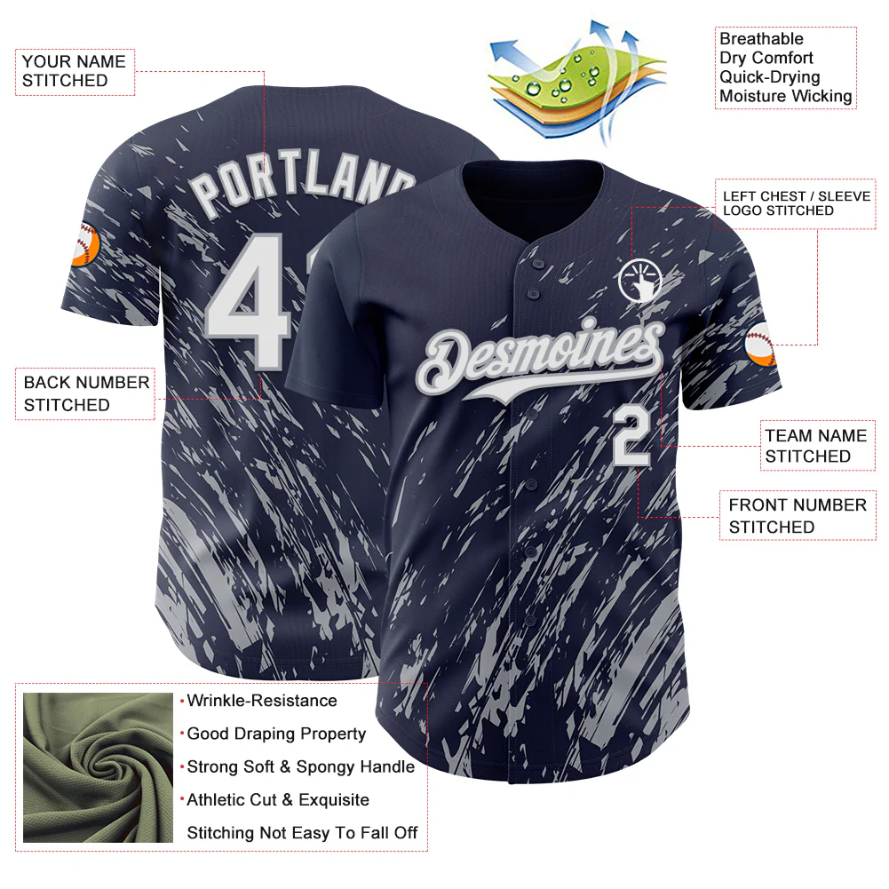 Custom Navy White-Gray Paint Stroke Grunge Streak Authentic Baseball Jersey - Image 3
