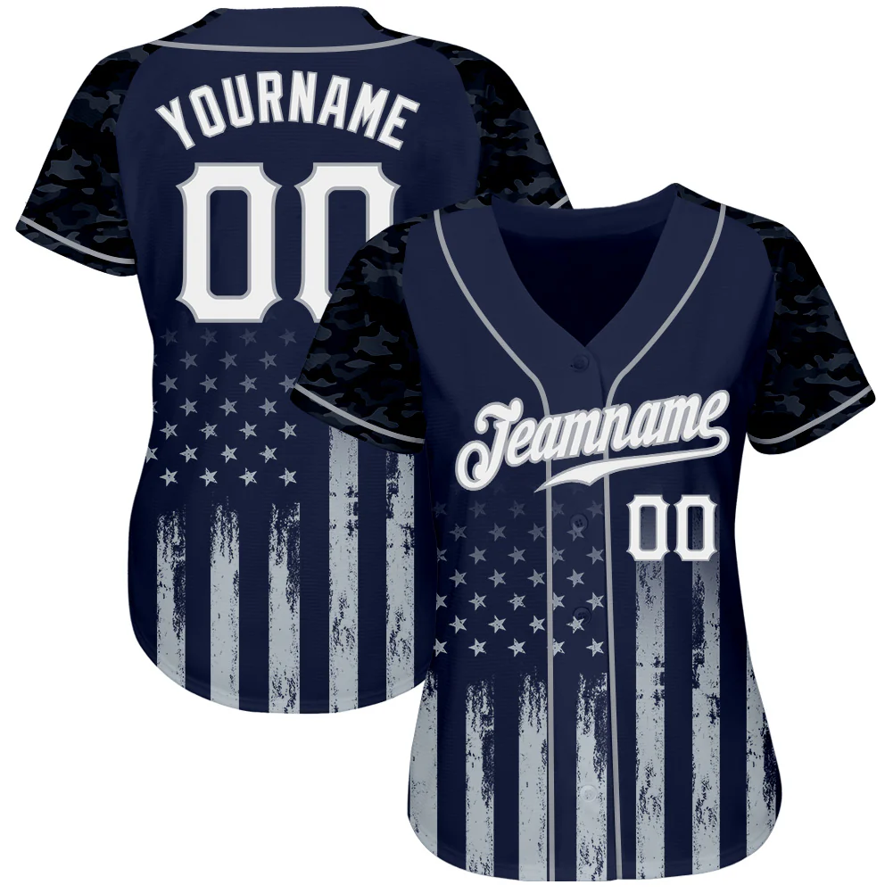 Custom Navy White-Gray Camo Raglan Sleeves American Flag Patriotic Authentic Baseball Jersey - Image 2