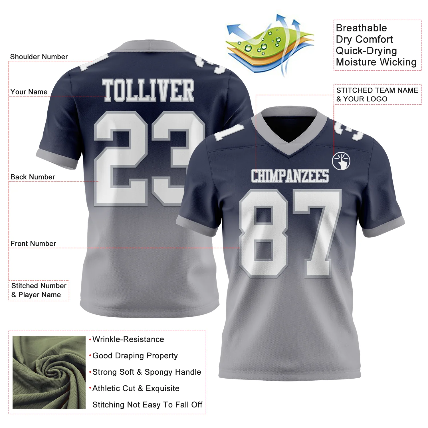Custom Navy White-Gray Authentic Fade Fashion Football Jersey - Image 2