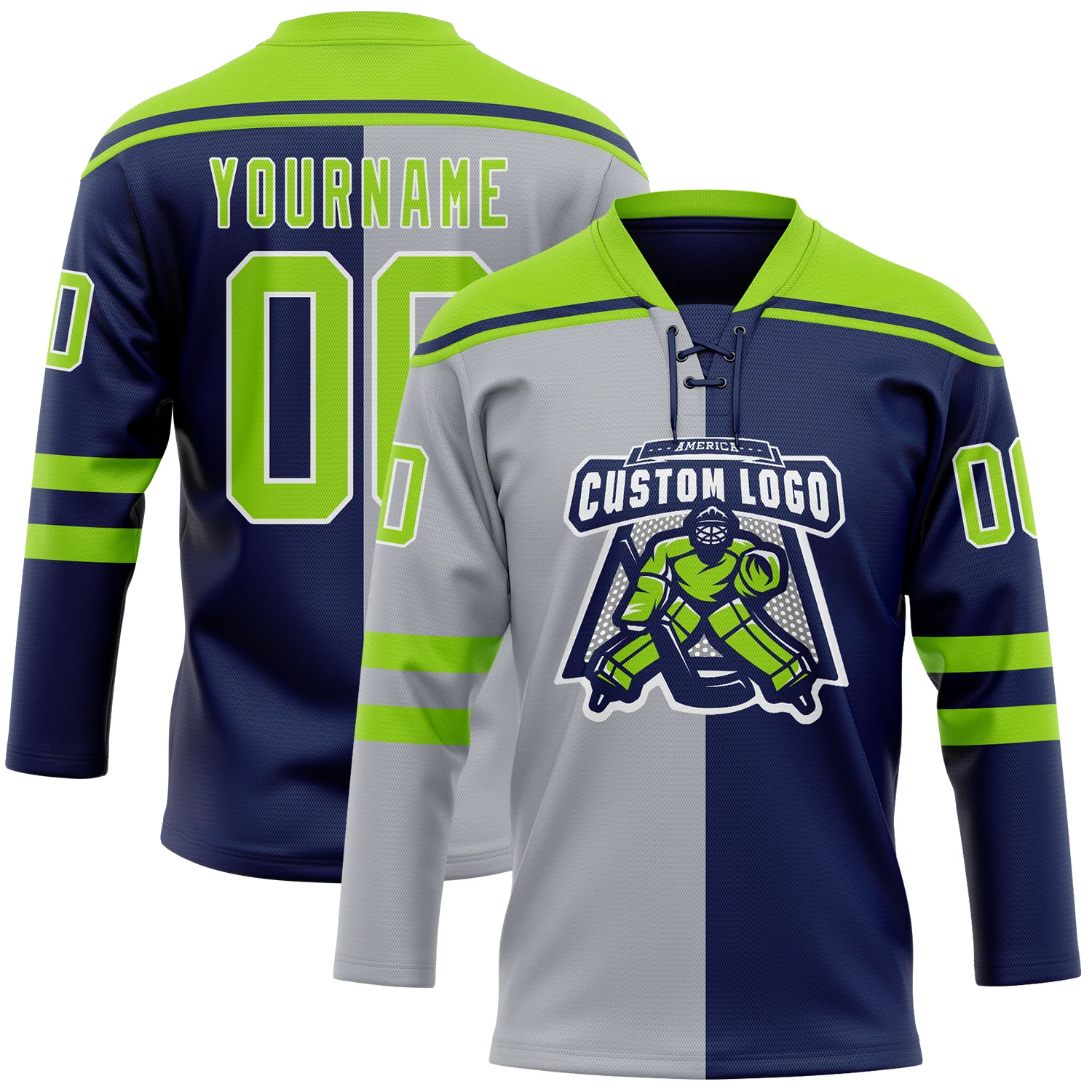 Custom Navy Neon Green Gray-White Split Fashion Hockey Lace Neck Jersey - Image 2