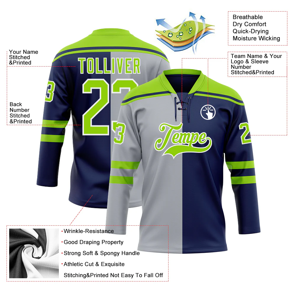Custom Navy Neon Green Gray-White Split Fashion Hockey Lace Neck Jersey - Image 5