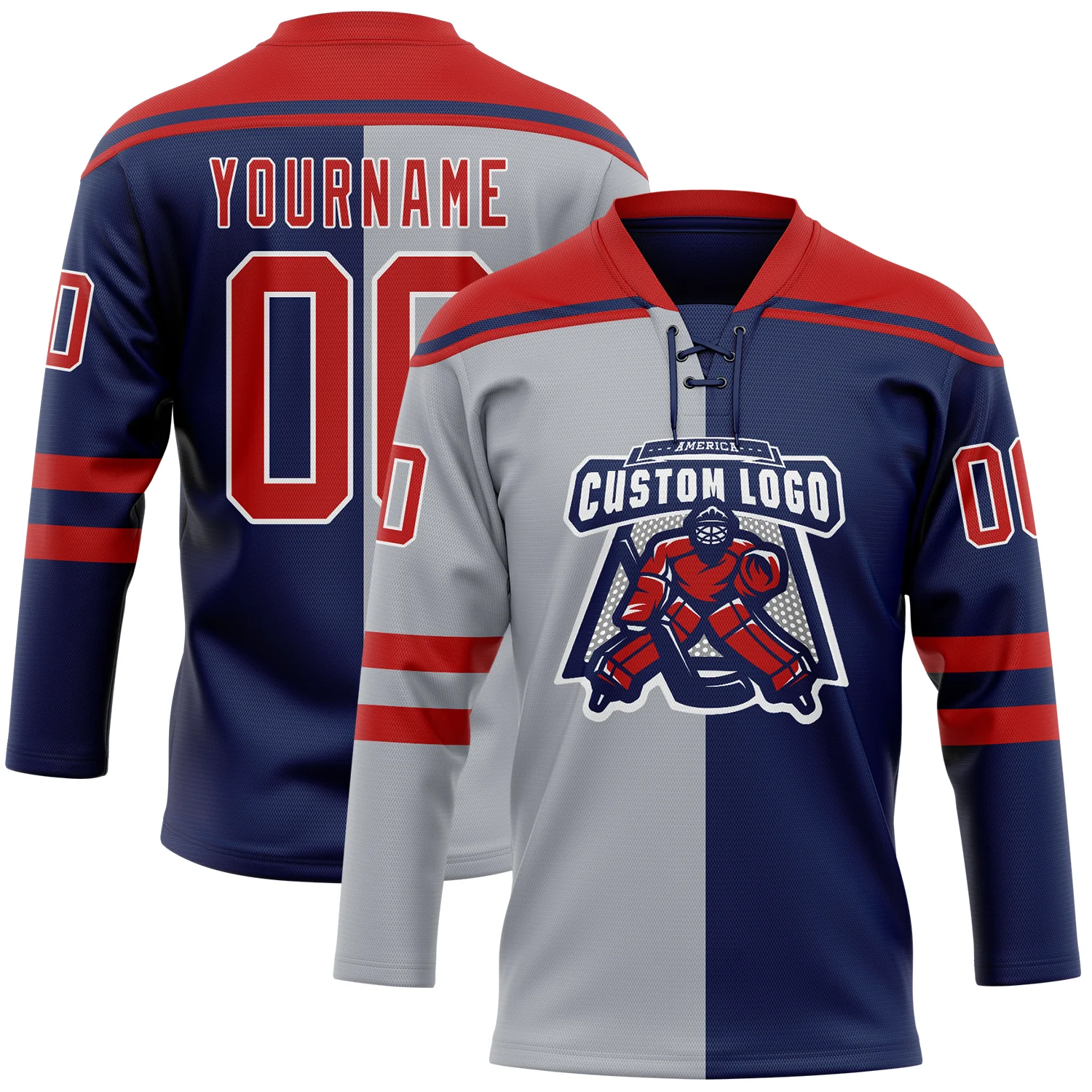 Custom Navy Red Gray-White Split Fashion Hockey Lace Neck Jersey - Image 2