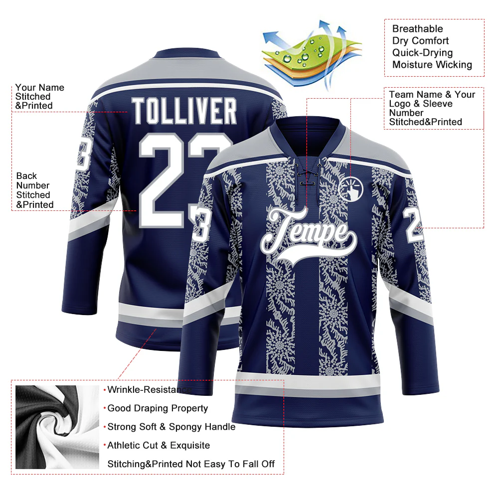 Custom Navy White-Gray 3D Pattern Abstract Shape Hockey Lace Neck Jersey - Image 3