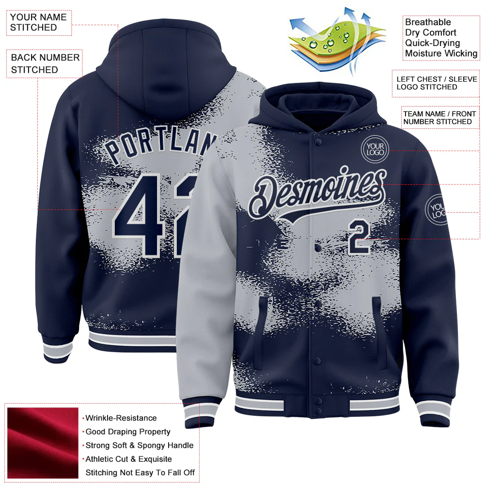 Custom Navy Gray-White Abstract Color Blocks Fragment Pattern Bomber Full-Snap Varsity Letterman Hoodie Jacket - Image 4