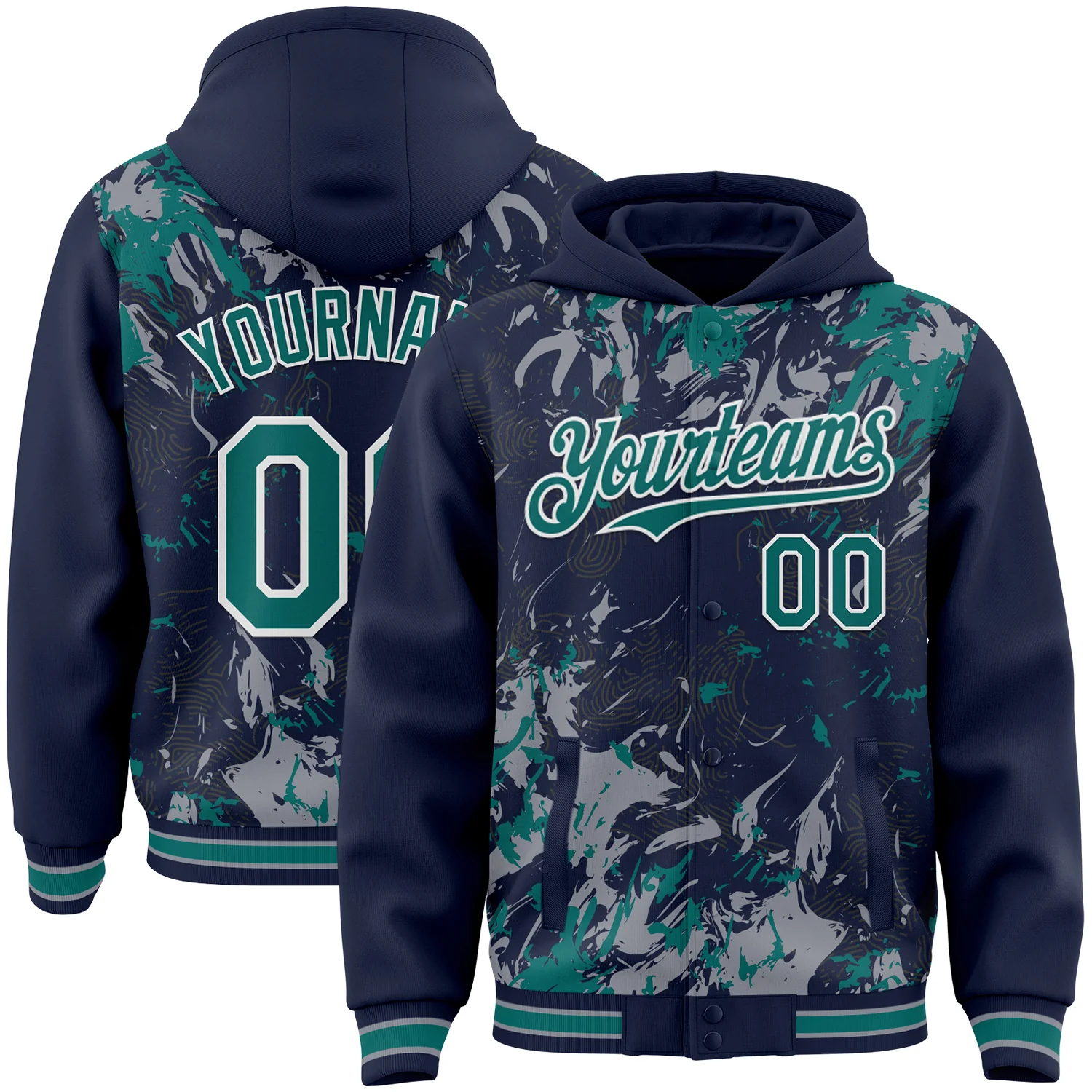 Custom Navy Teal Gray-White Splash Bomber Full-Snap Varsity Letterman Hoodie Jacket