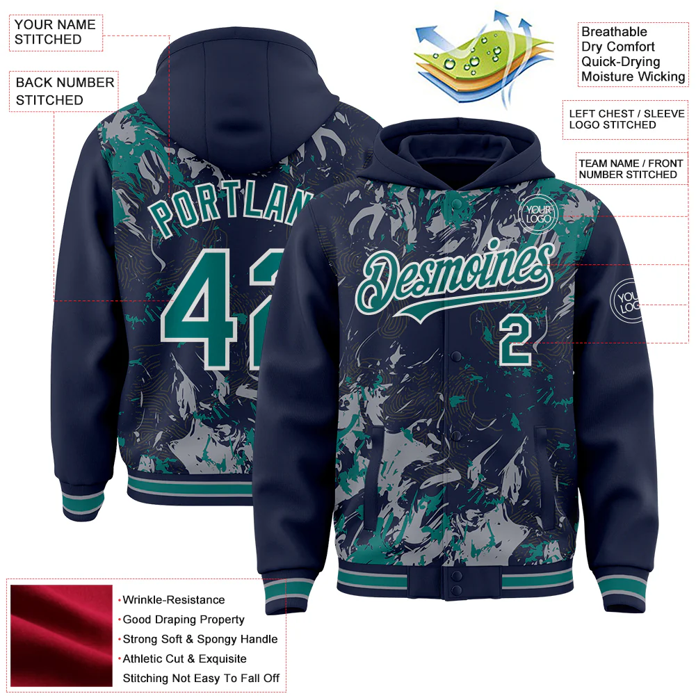 Custom Navy Teal Gray-White Splash Bomber Full-Snap Varsity Letterman Hoodie Jacket - Image 4