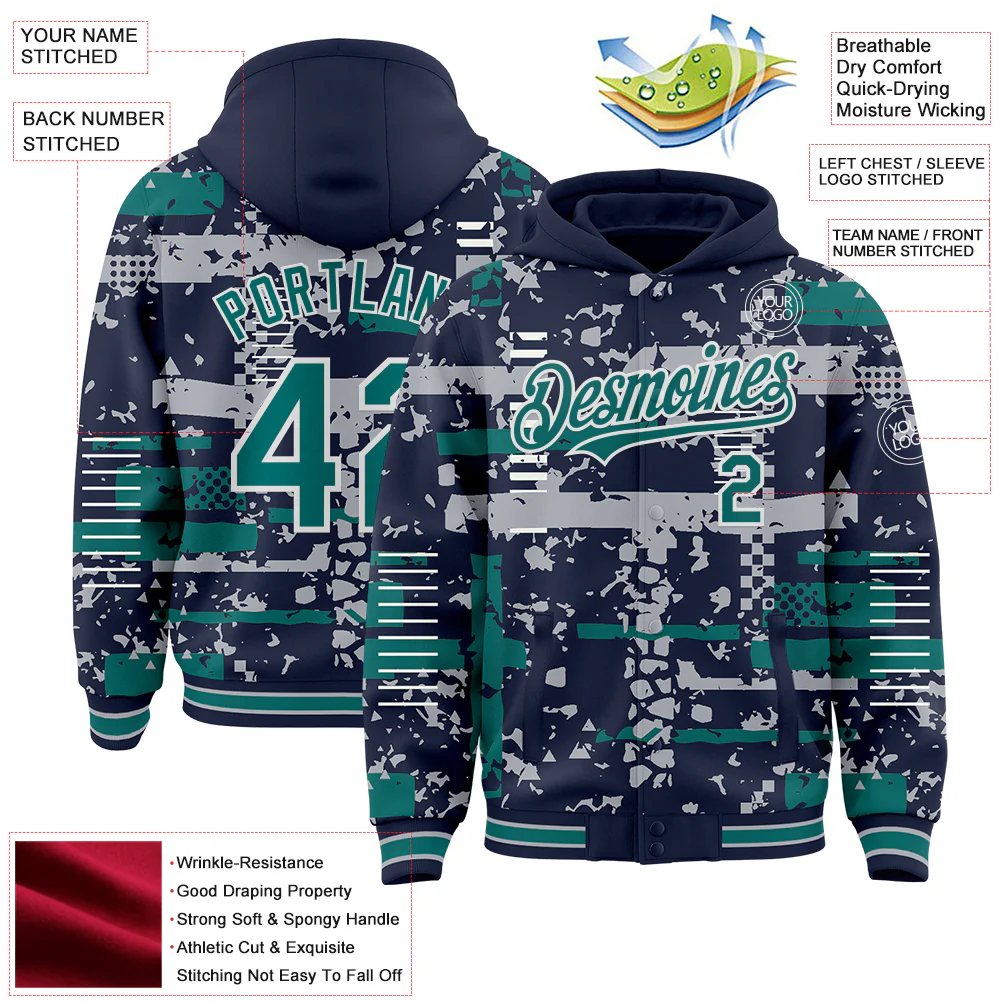 Custom Navy Teal Gray-White Abstract Fragment Shape Bomber Full-Snap Varsity Letterman Hoodie Jacket - Image 4