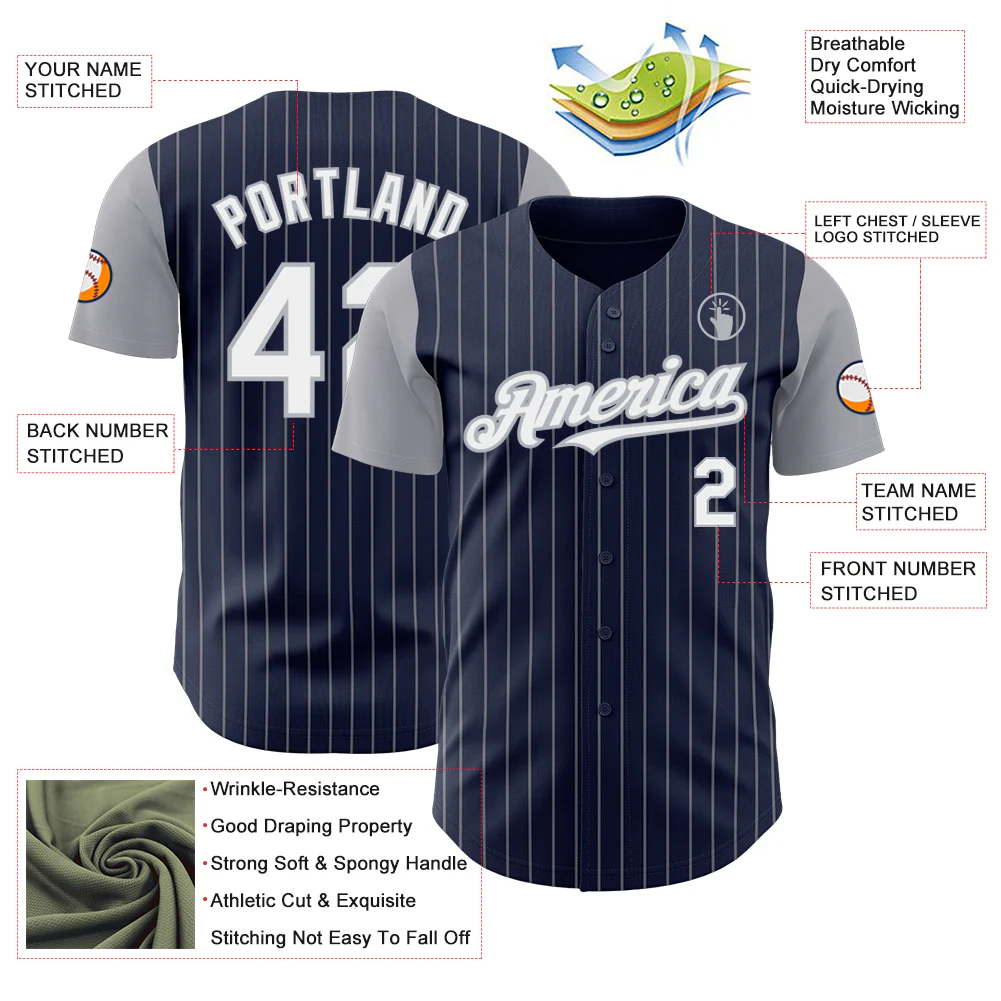 Custom Navy Gray Pinstripe White Authentic Two Tone Baseball Jersey - Image 3