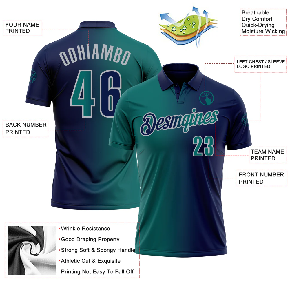 Custom Navy Teal-Gray 3D Gradient Fashion Performance Polo Shirt - Image 3