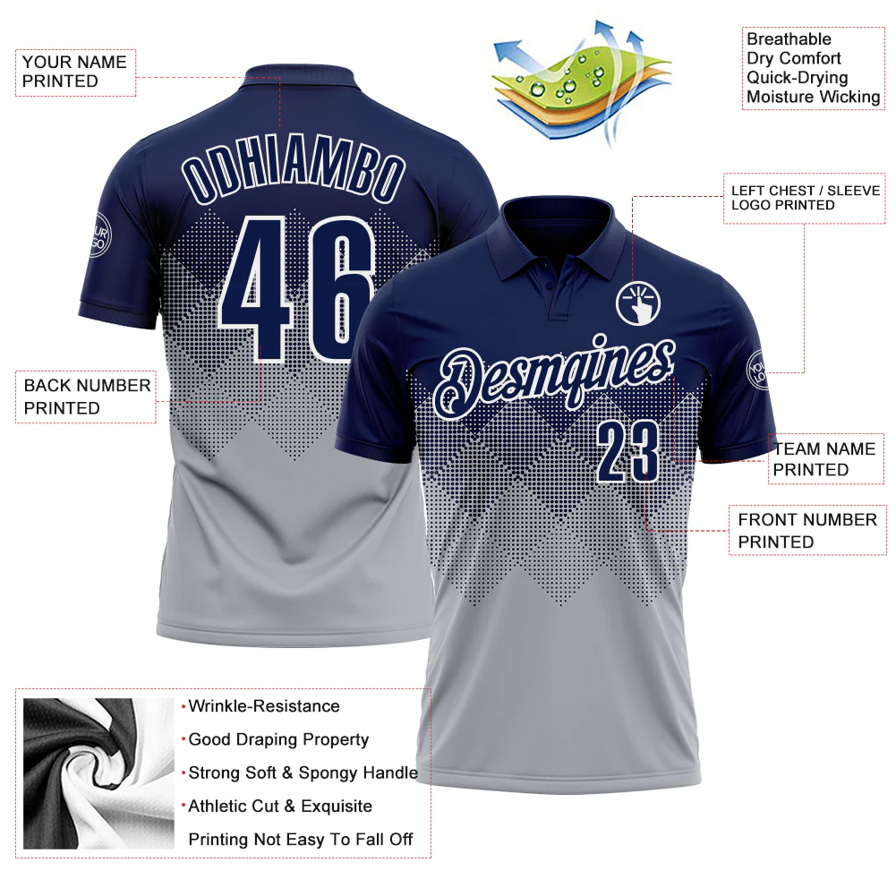 Custom Navy Gray-White 3D Gradient Square Shape Performance Polo Shirt - Image 3