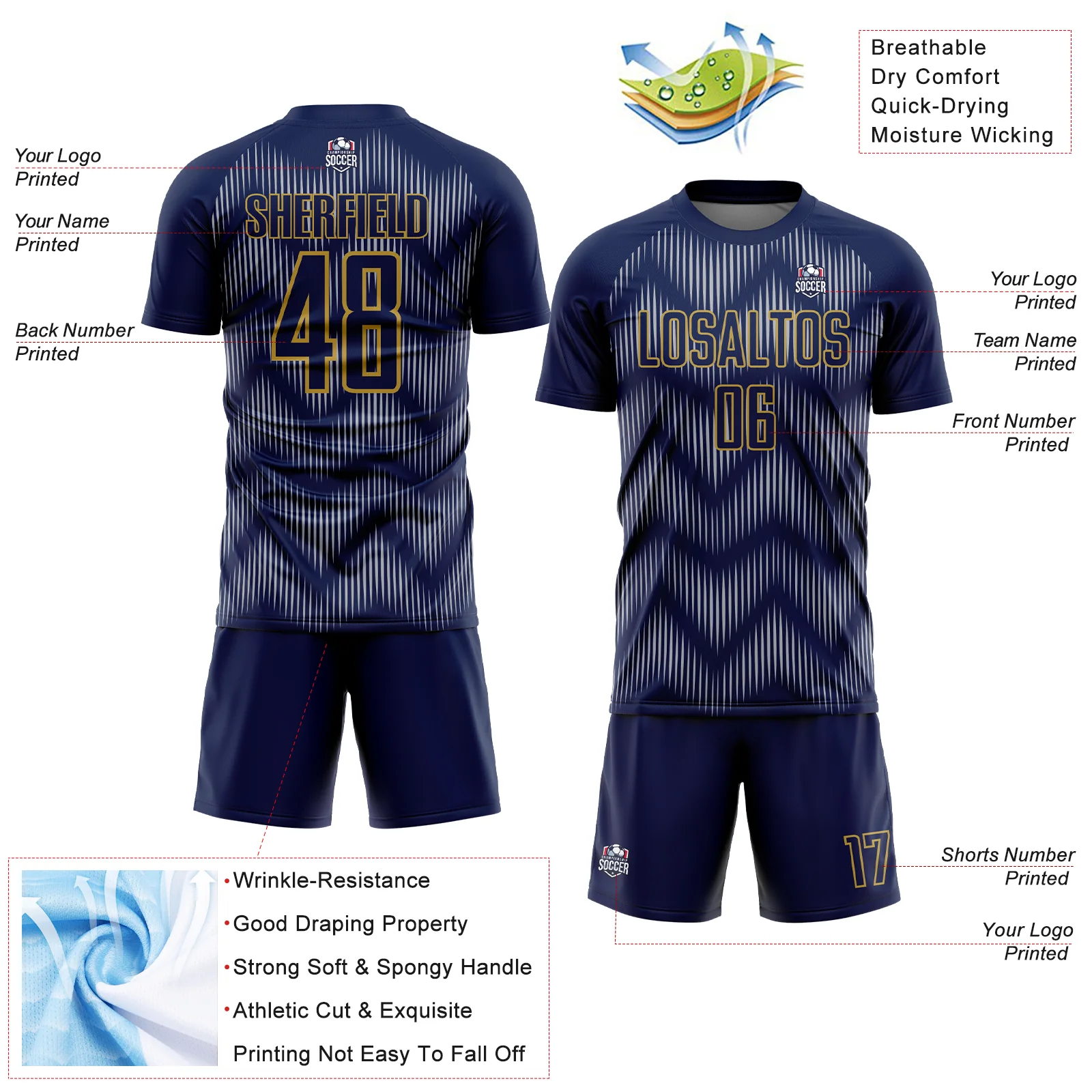 Custom Navy Gray-Old Gold Line Sublimation Soccer Uniform Jersey - Image 4