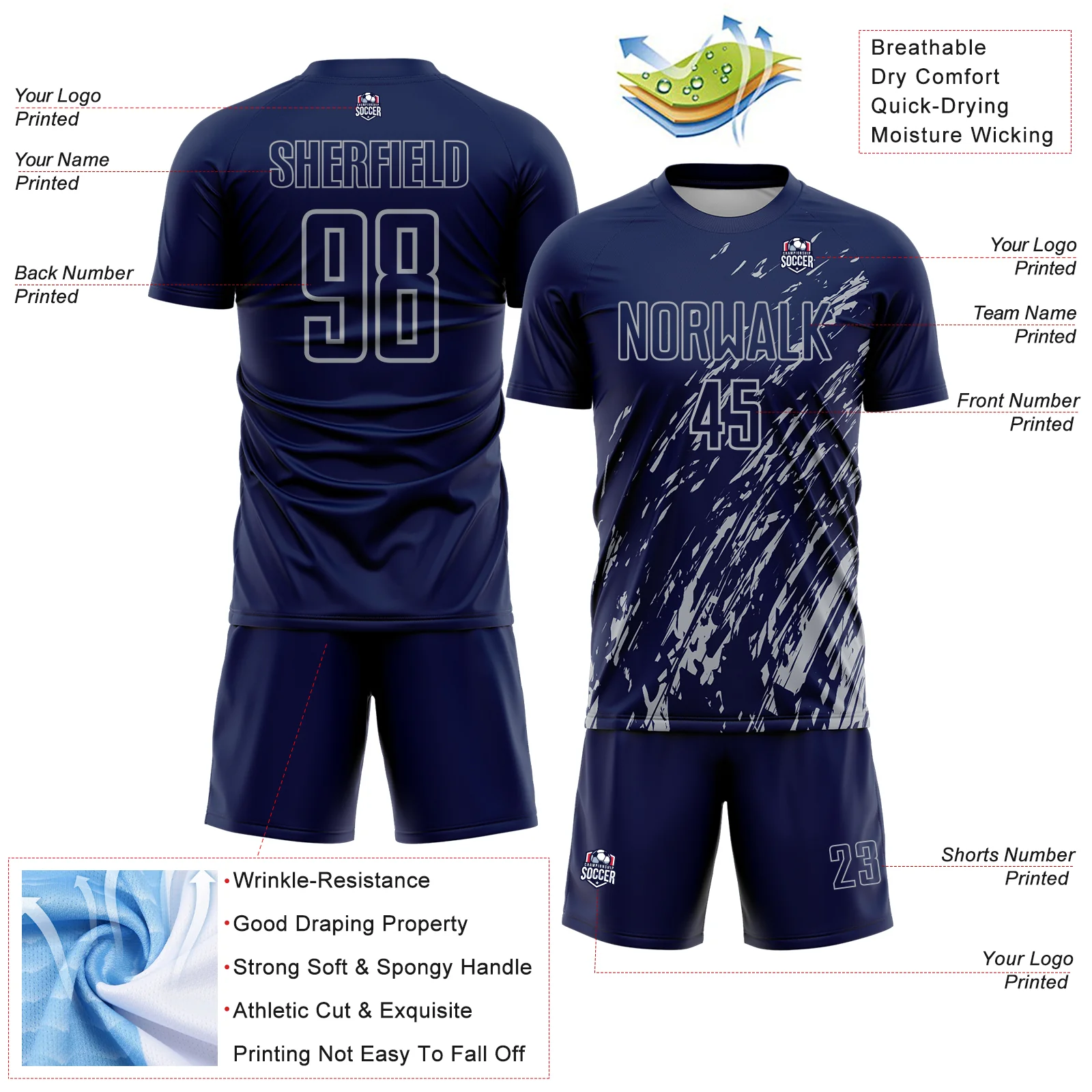 Custom Navy Gray Splash Sublimation Soccer Uniform Jersey - Image 4