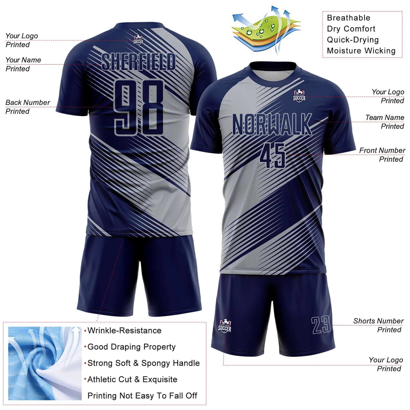 Custom Navy Gray Line Sublimation Soccer Uniform Jersey - Image 4