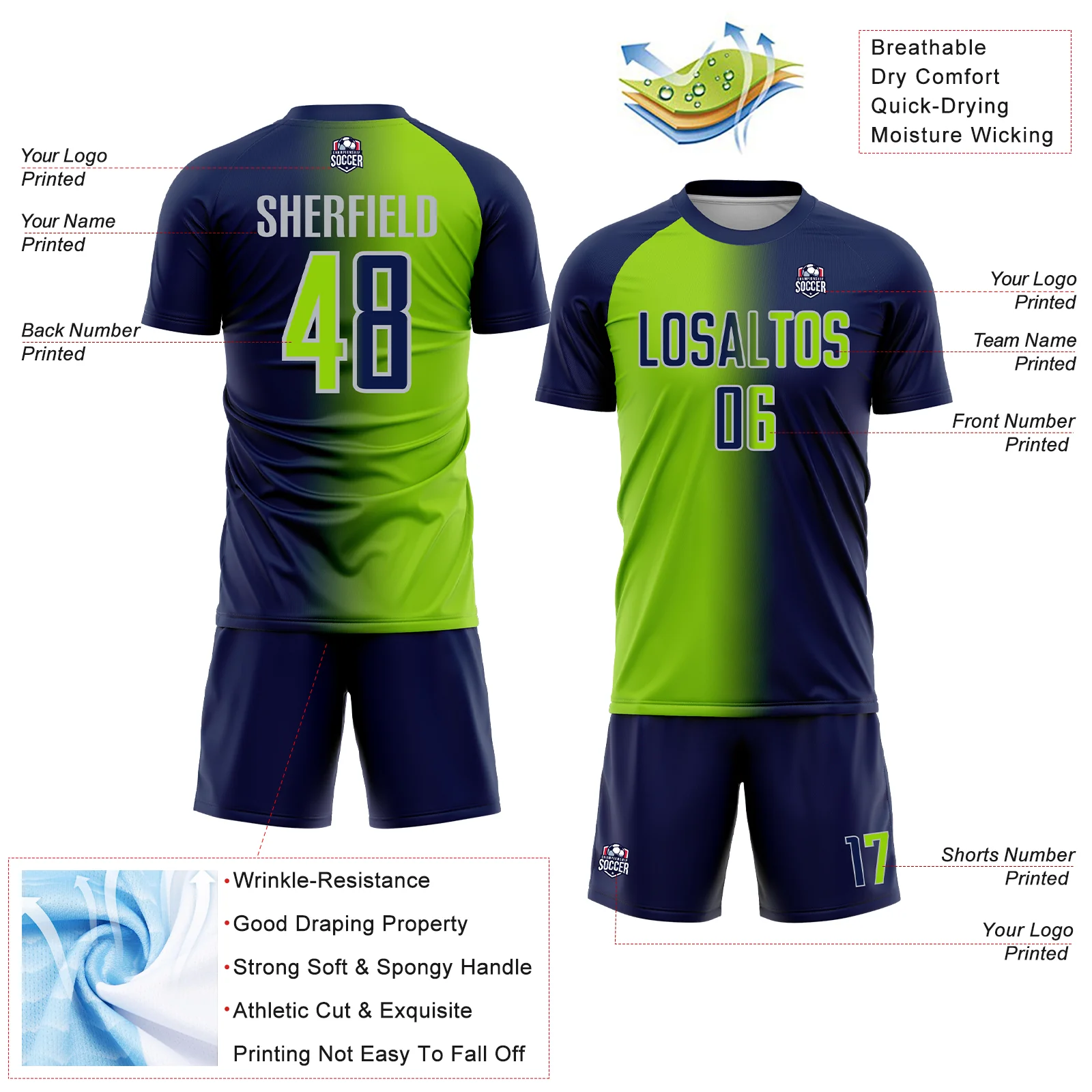 Custom Navy Neon Green-Gray Sublimation Gradient Fashion Soccer Uniform Jersey - Image 4