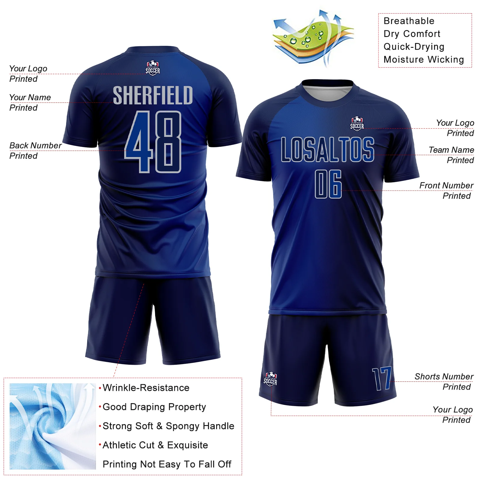 Custom Navy Royal-Gray Sublimation Gradient Fashion Soccer Uniform Jersey - Image 4